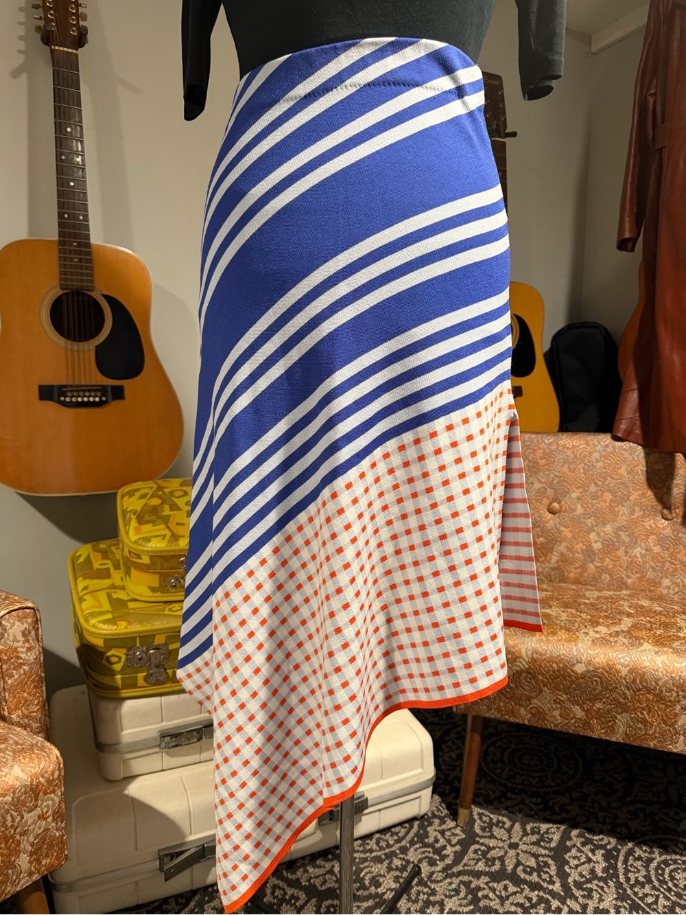 Blue & White Stripe Asymmetrical Midi Skirt with Orange Trim